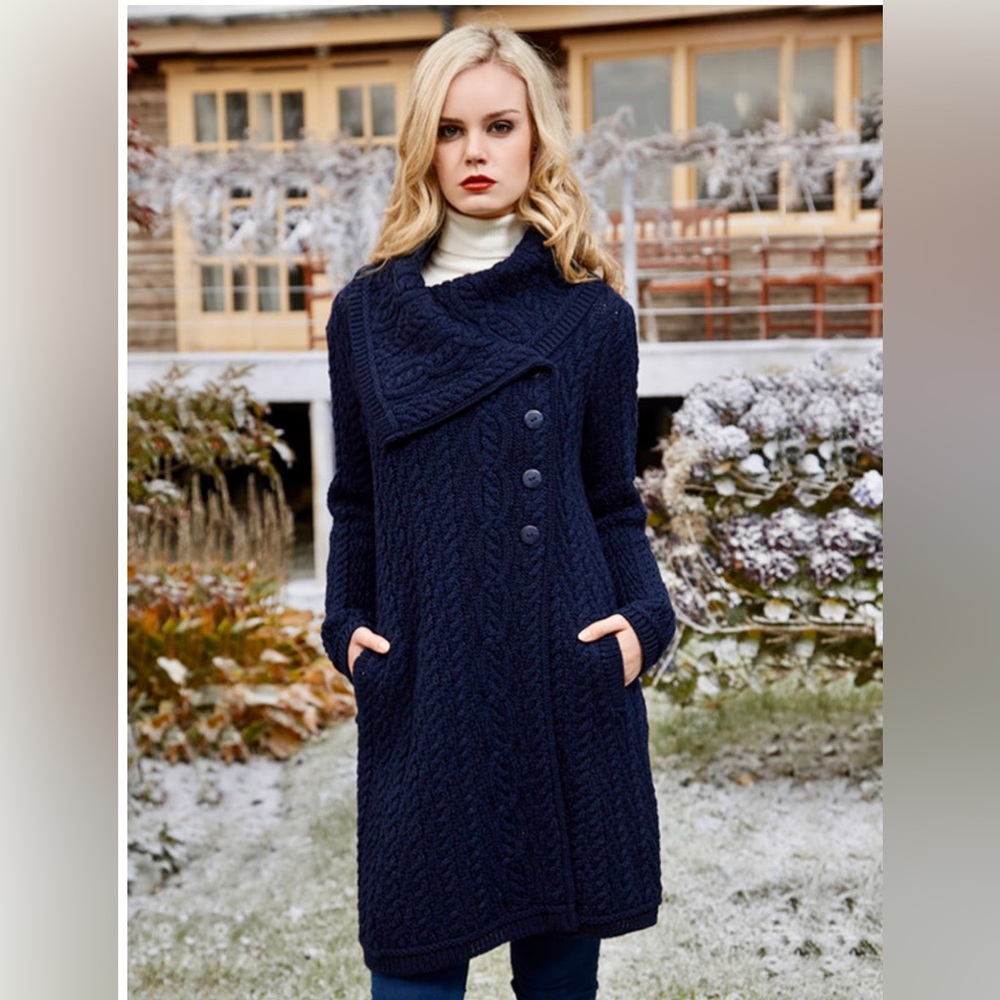 Large Collar Aran Coat. 100% Merino Wool